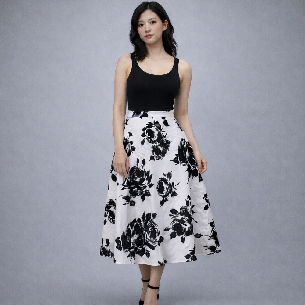Talbots Petites 8P Black‎ White Floral Linen A-Line Midi Skirt
